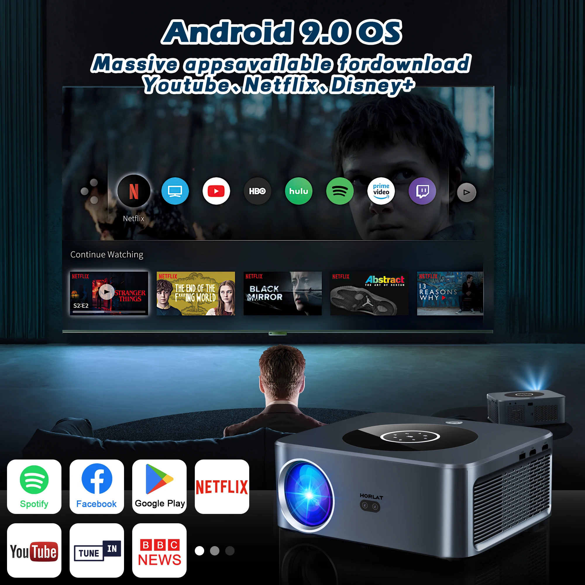 Imagem -02 - Horlat-projetor Full hd 4k Foco Automático 1920x1080p Android Bluetooth 5g Wi-fi Led Video Beamer Suportado Smart Home Theater