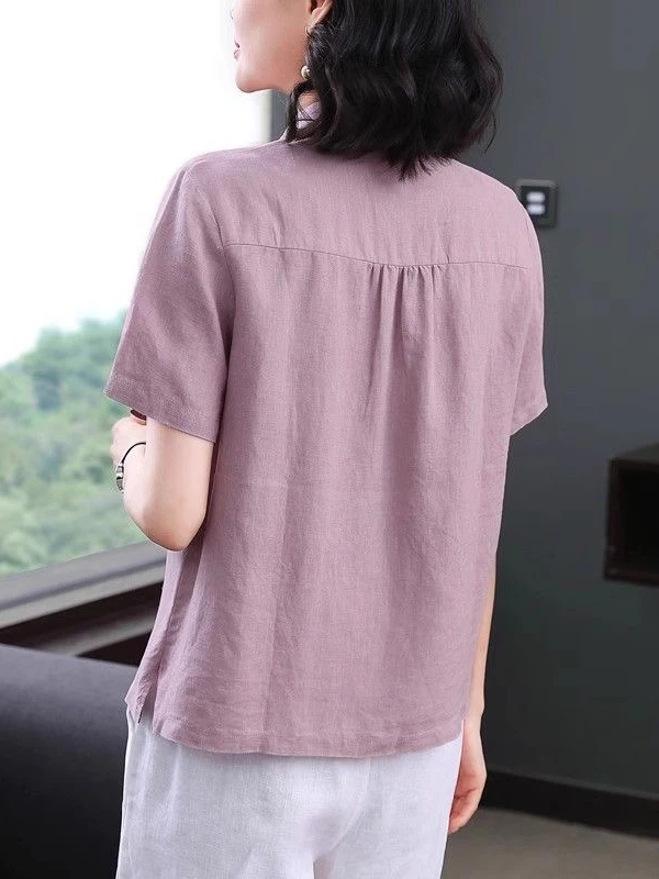 ฤดูร้อน 2025 ผู้หญิงหลวม Fit ผ้าฝ้ายผ้าลินิน ort Sve irt ลําลองเสื้อยืด Sle อเนกประสงค์ Slimming Effect