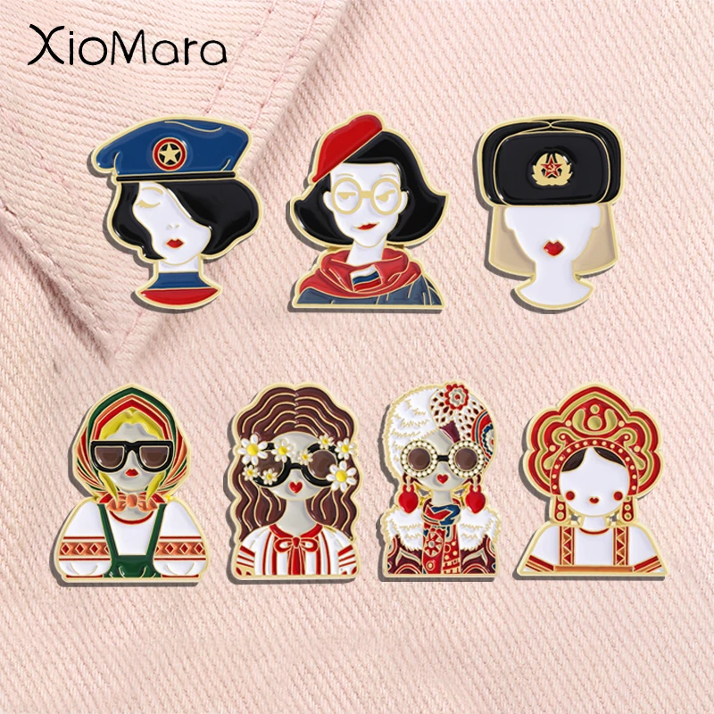 Cartoon Russian Girl National Clothing with Sunglasses Enamel Pin Russian Female Soldiers Avatar Brooch Lapel Badge Jewelry Gift