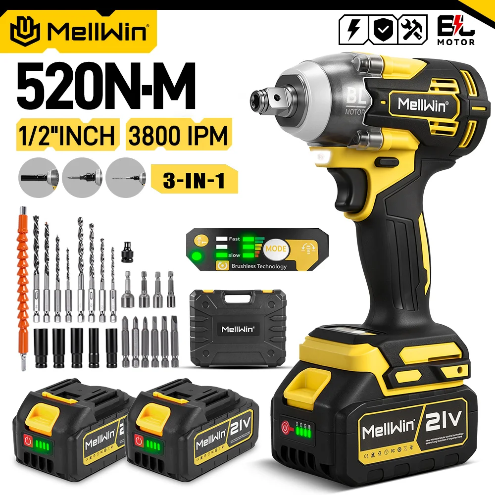 Llave de Impacto Eléctrica Inalámbrica MELLWIN 520N·m, Taladro Eléctrico Inalámbrico, Destornillador, Herramienta de… — oferta en AliExpress