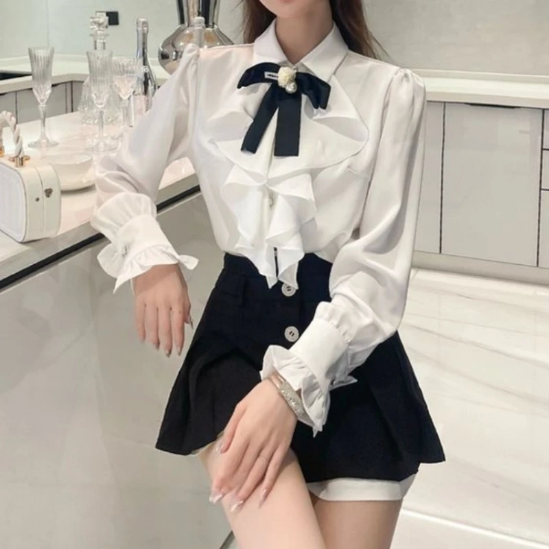 Spring Vintage French Bowknot Ruffles Design Sense Shirts Blusas Mujer De Moda 2024 Single-breasted Satin High Grade Blouses