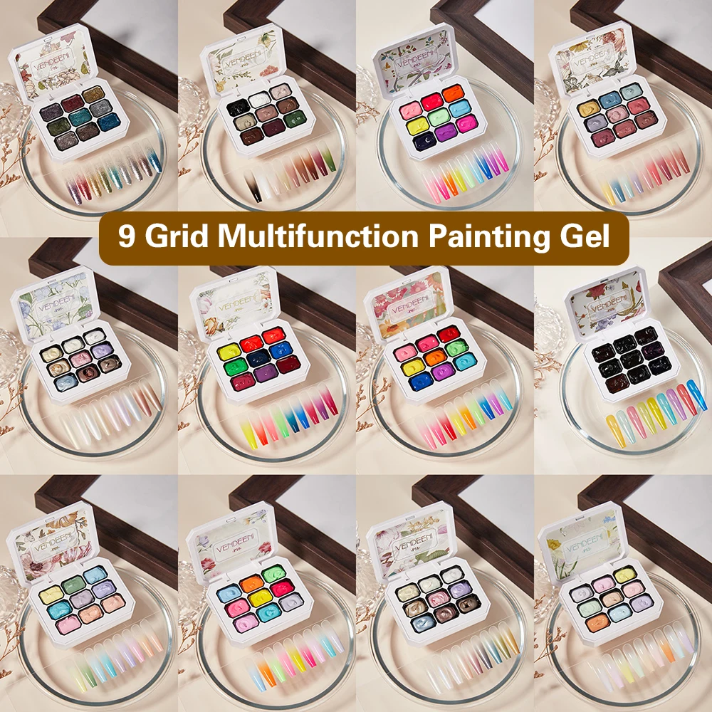 Vendeeni 9 Grid Multifunction Painting Gel Nail Polish Pure Color Glitter Gel Varnish Blooming Gradient Pat Gel Lacquer Palette
