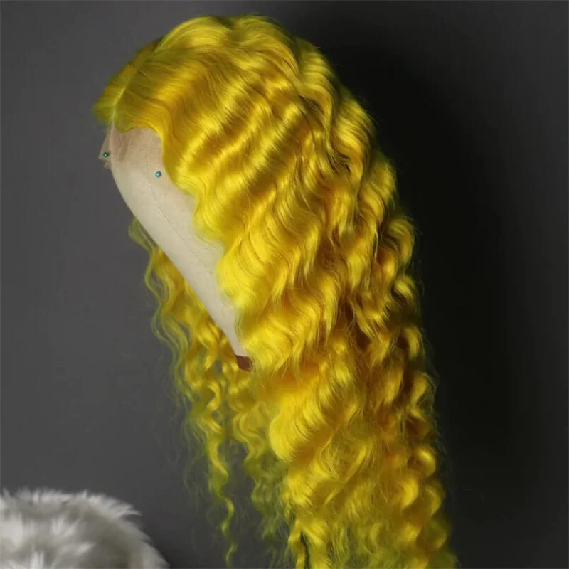 Soft Yellow Deep Curly 26inch Glueless 180Density Long Deep Lace Front Wig For Women With Baby Hair Preplucked Daily