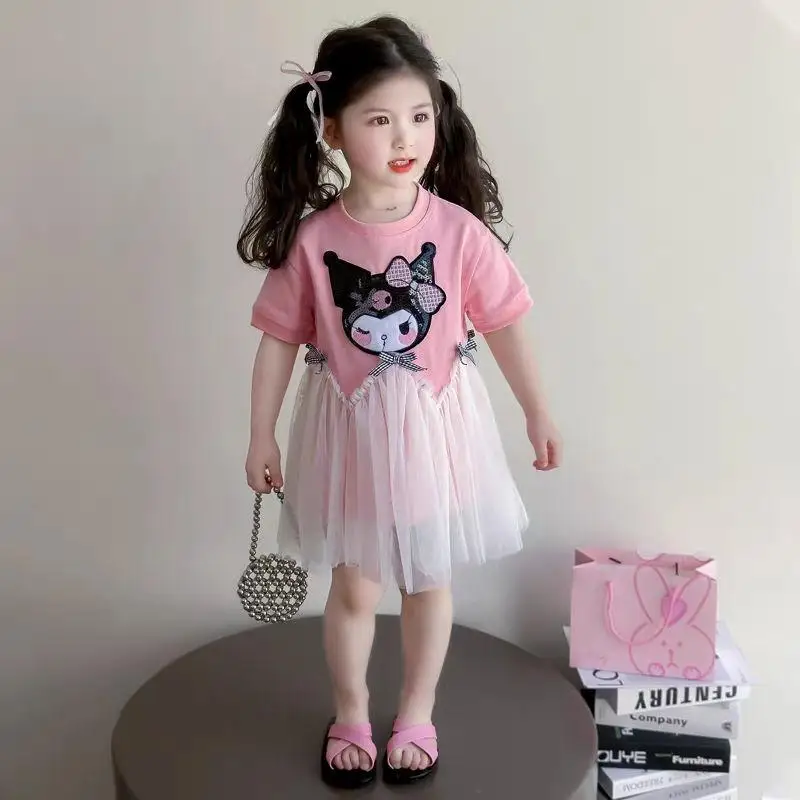 

Sanrio Kuromi Summer New Princess Kawaii Girls Short Sleeve Mesh Cut T-Shirt Simple Design Dress Comfortable Cotton Round Collar