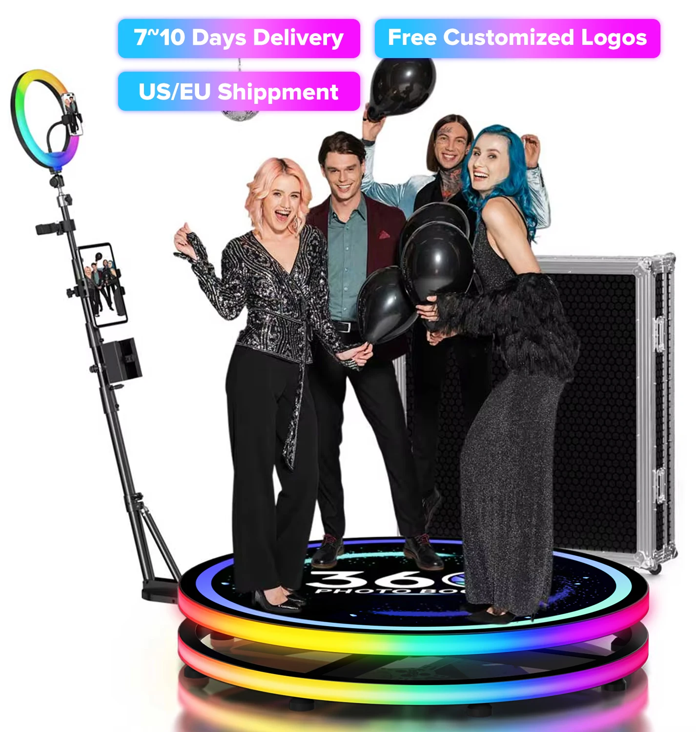 

360 Rotating Photo Booth For Wedding Party Event Remote Control RGB Ring Light Camera Photobooth With Flight Case US Free Ship