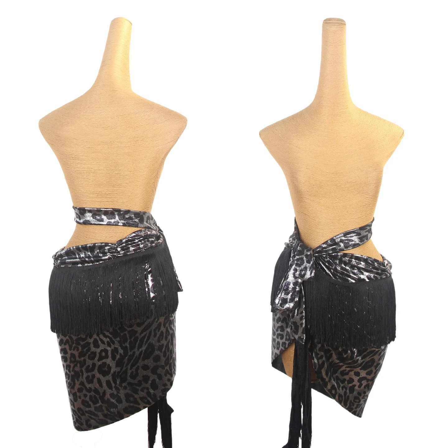 

2025 Latin Dance Clothing Women Practice Wear Silver Leopard Fringe Skirt Adult Samba Rumba Dance Performance Skirts DNV24061