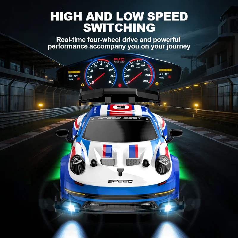 1:24スケールのリモコン付き4WDスポーツカー、照明効果と交換可能なタイヤ付き。複数のスタイルをご用意しています。