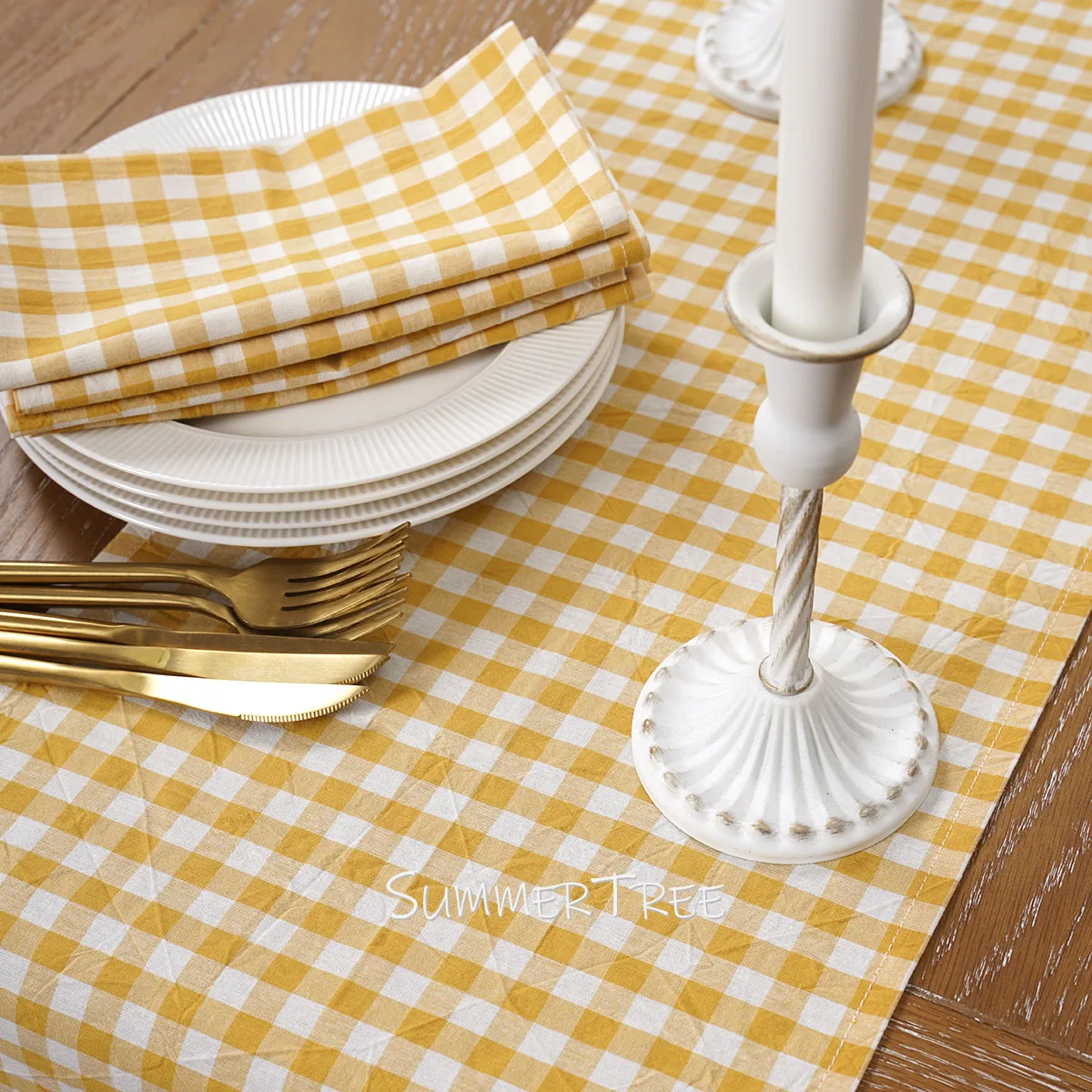 Farmhouse Gingham Plaid Cotton Table Runner Washable Rustic Check Table Linens Decor for Kitchen Dining Wedding Banquet Party