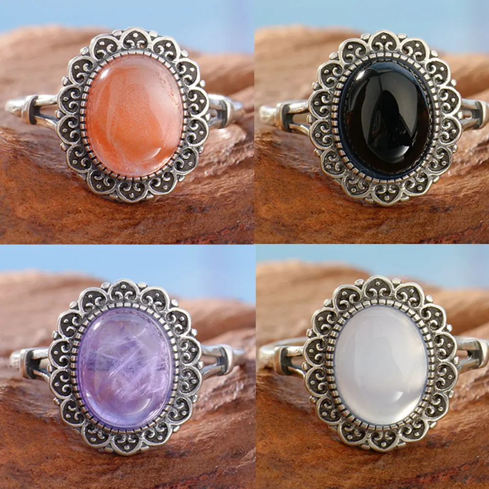 Retro 925 sterling silver women's ring, set with natural ruby, black agate, amethyst white jade, women's wedding jewelry gift