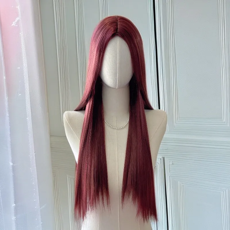 التوت الأحمر متوسط واقعية طويل مستقيم الشعر رقيق الطبيعية الفرنسية نمط المرأة مجموعة شعر مستعار كامل اشراق شعر مستعار مجموعة رقيقة طويلة