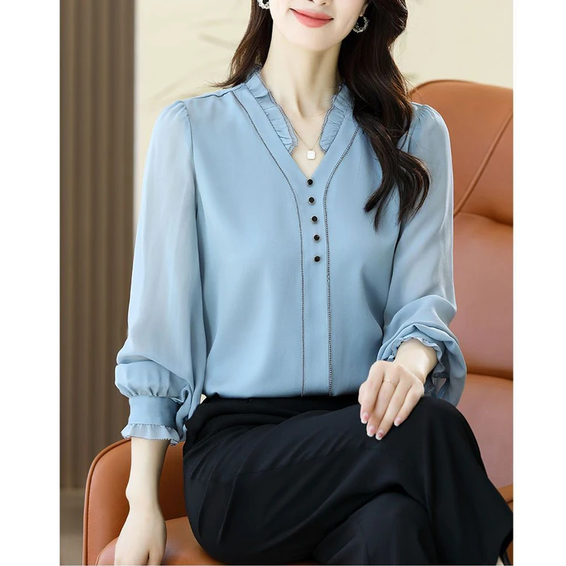 Women Korean Fashion Ruffle V Neck Elegant Blouses Spring Autumn Office Lady Commute Shirts Casual Blue Long Sleeve Loose Tops