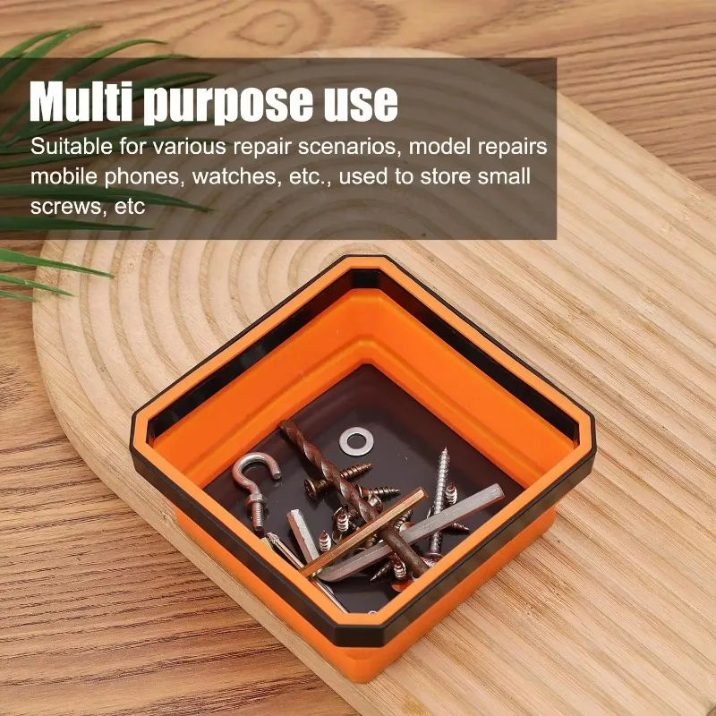 4.5Inch Magnetic Parts Tray Square Silicone Foldable Collapsible Suction Bowls Storage Holder for Bolts Nuts Washers Pins Screw