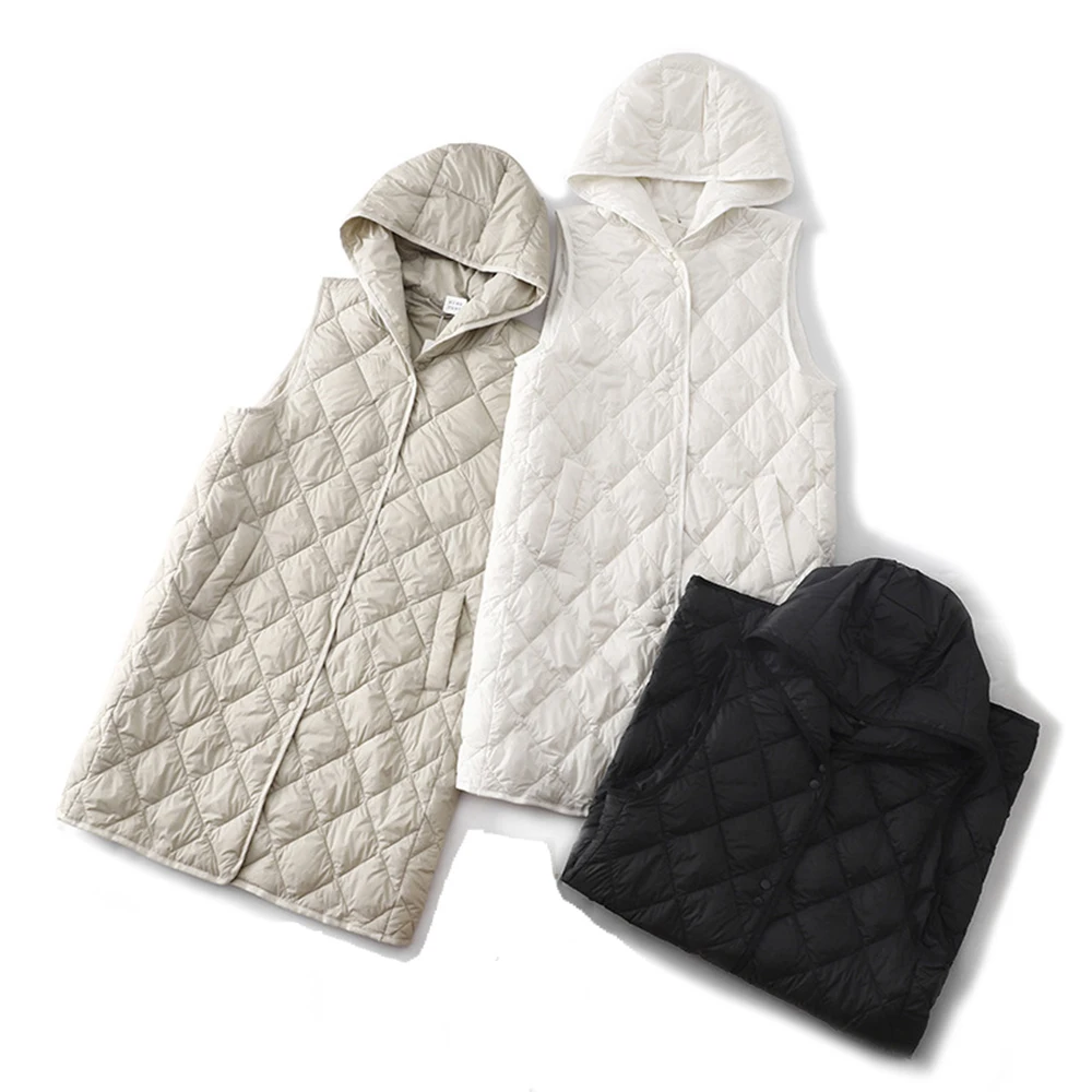 Quilted Cotton Vest Women's Winter Warm Loose Fit Hooded Long Style Single Breasted Casual Outwear Sleeveless Jacket Tops