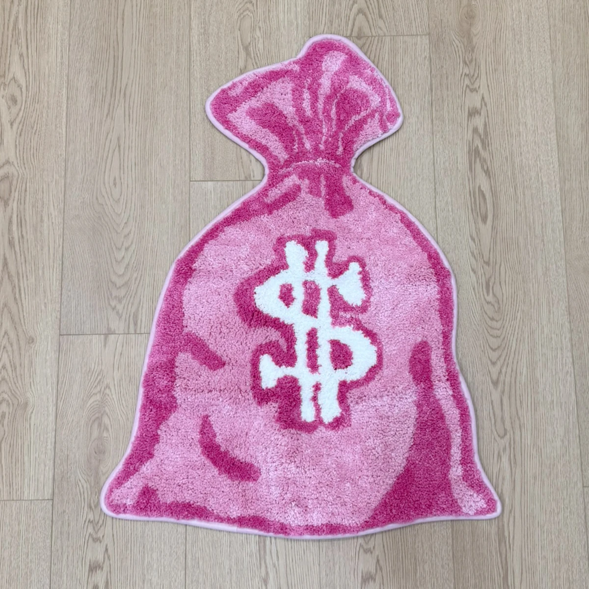 Pink Money Bag Tufted Rug, White Dollar Sign Design Floor Mat, Anti-Slip Irregular Shaped Carpet for Bedroom, Gaming Room