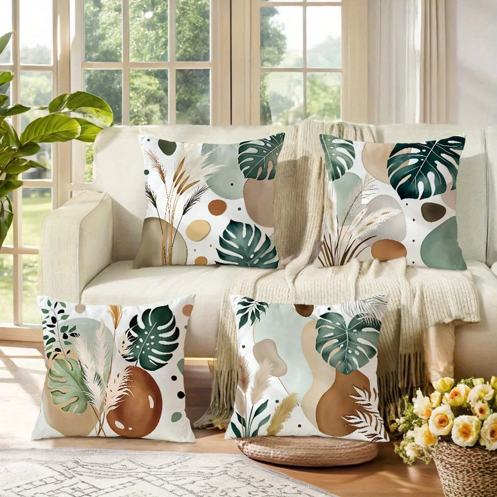 

4Pcs Boho Monstera Pillow Covers Polyester Cushion Cases for Home Decoration Living Room Bedroom