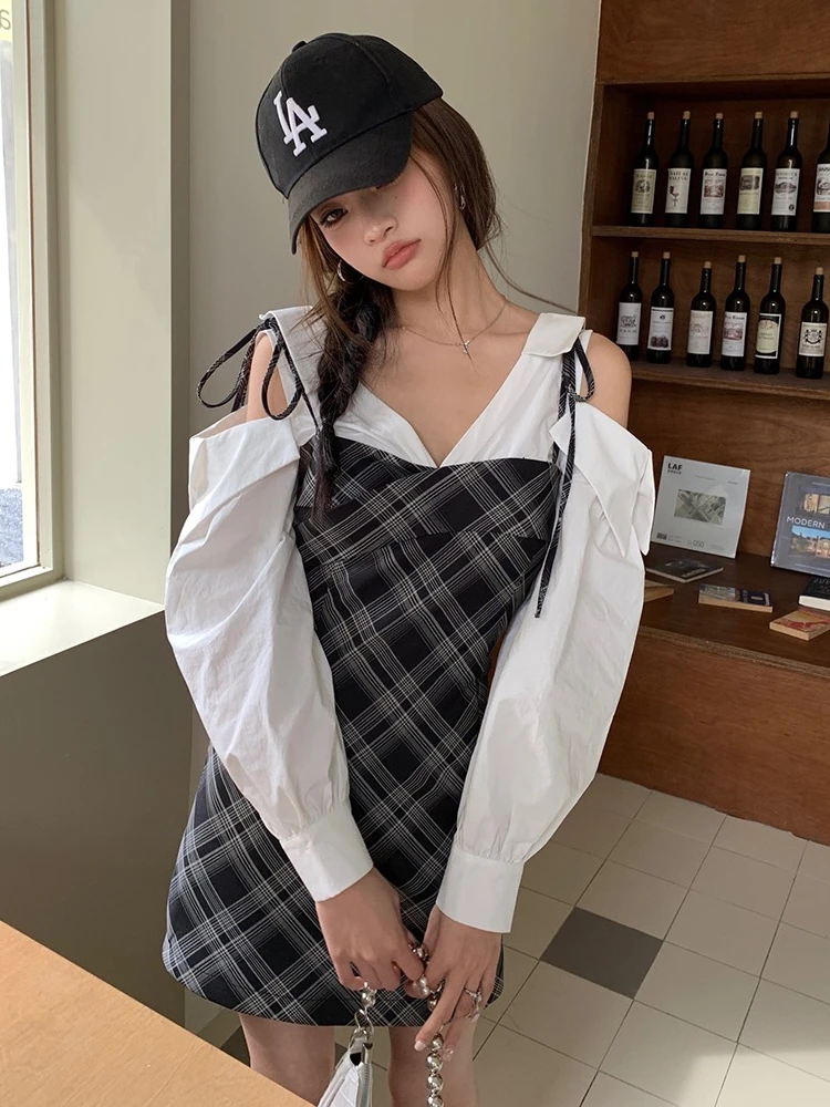 2026 Autumn New Waist Tight Trendy Dresses Korean Style Pure Desire Vibe Fake Two Piece Checkered Bodycon Women Mini Dress