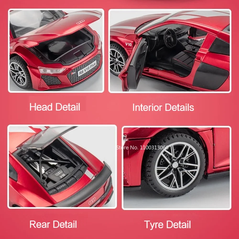 1:32 R8 V10 PLUSモデル おもちゃ 車 ゴムタイヤ 4ドア開閉 スーパーカー プルバック ライト サウンド スポーツカー 幼児 キッズ ギフト