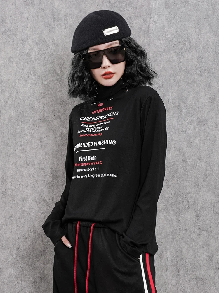 Max LuLu Winter Womens Fashion Printed Loose Turtleneck Rivet Tee Shirts Ladies Vintage Casual Letter Cotton Tops Punk Clothing