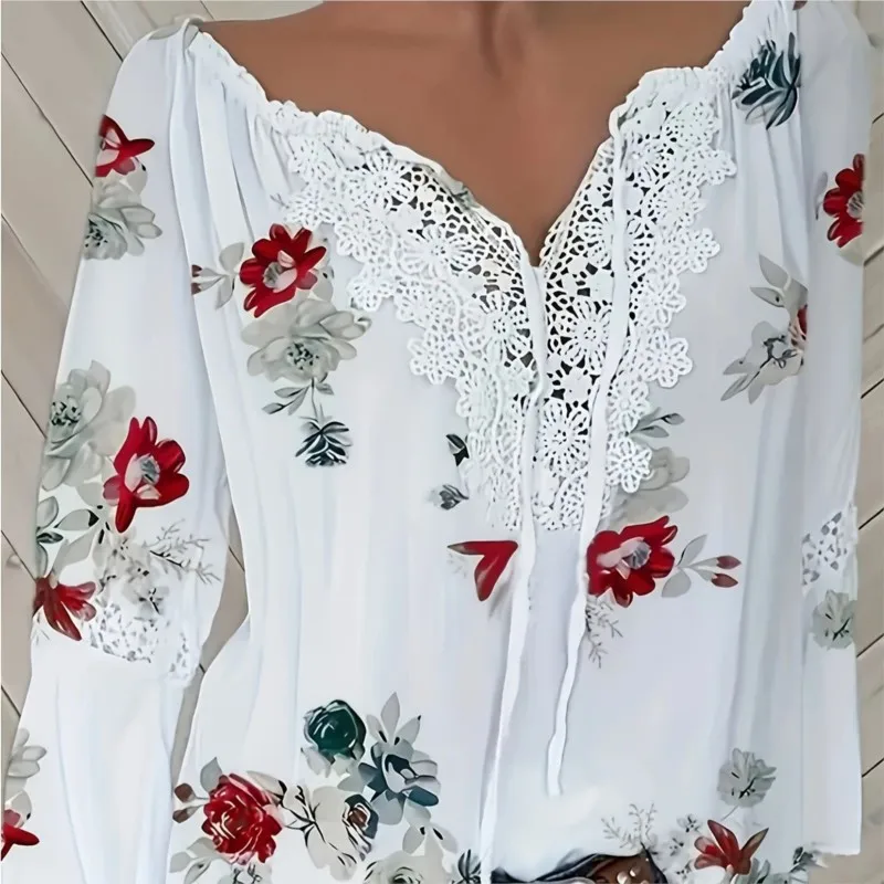 

Spring Summer Fashion White Lace Patchwork V-neck Shirt Women's Floral Long Sleeve Blouses Casual Tops Women Pullover Shirts