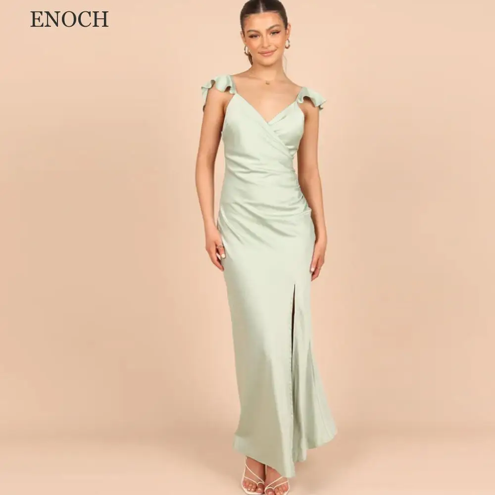 

ENOCH Simple V-Neck Side Slit Bridesmaid Dresses Short Sleeves Backless Party Dresses Custom Made Vestidos De Fiesta For Women