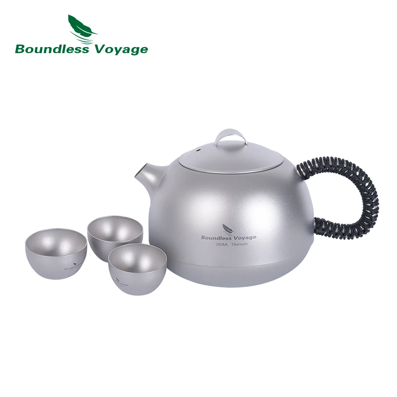 Boundless Voyage 380ml Titanium Tea Kettle with Filter +3pcs 25ml Cups Ultralight Outdoor Teapot Set Camping Coffee Tea Maker