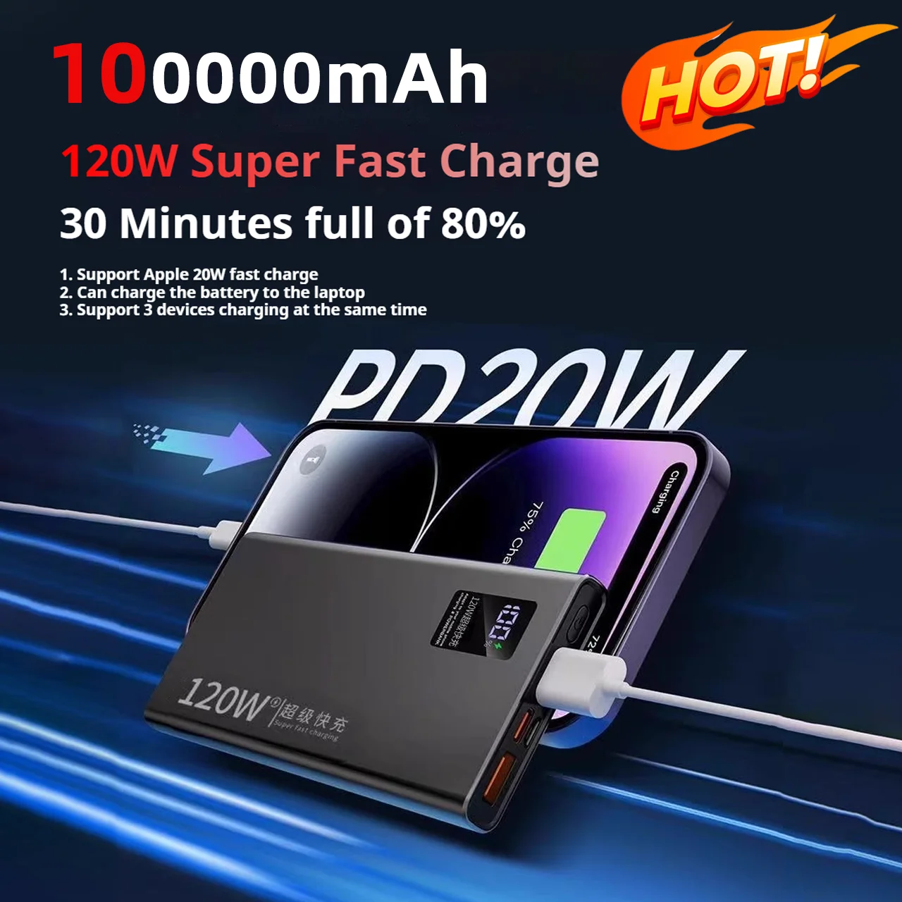 

100000mAh large capacity mobile power 120W Super fast charge treasure Smart screen display can Charge For iPhone Samsung Xiaomi
