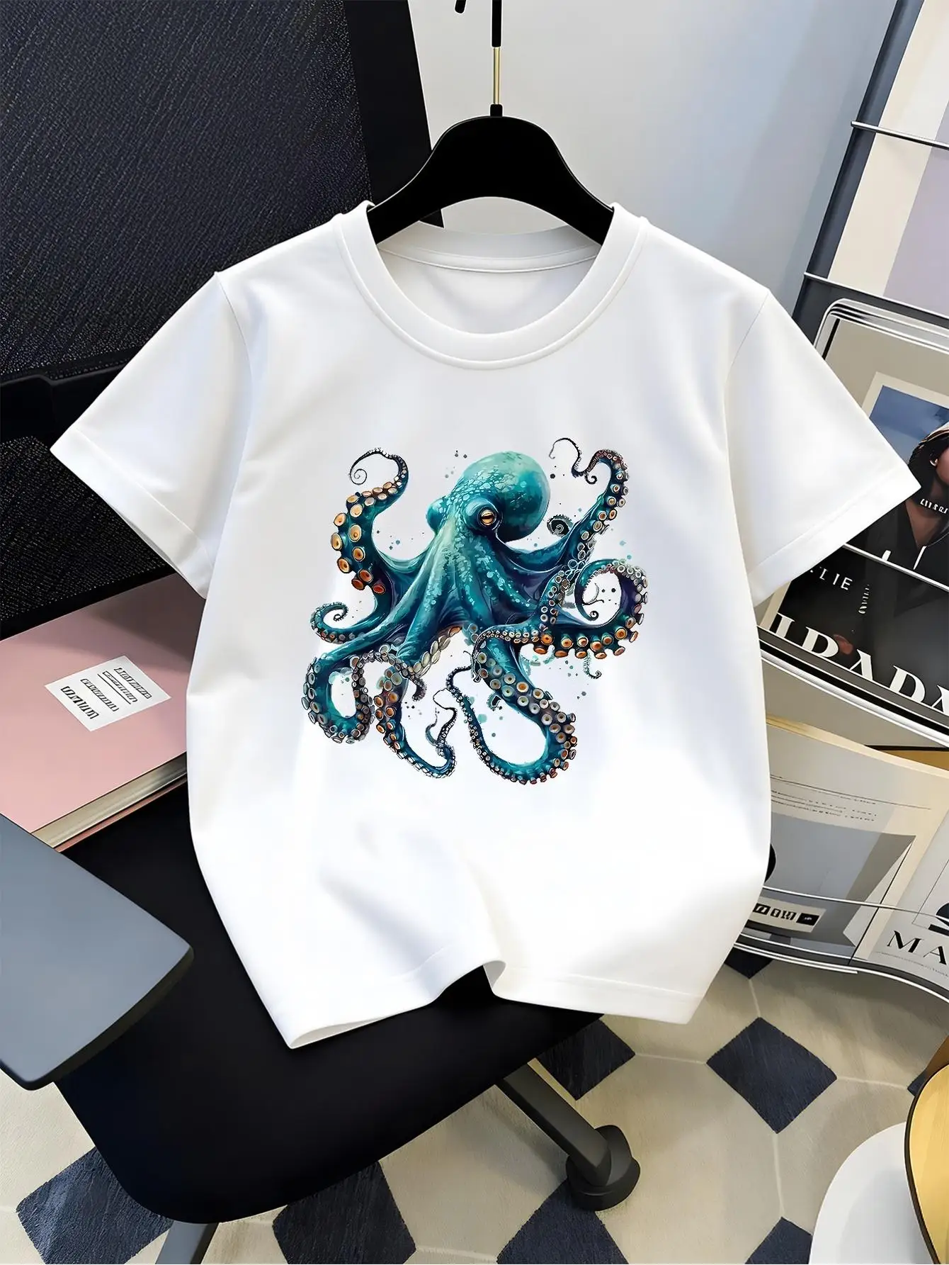 Teal Blue Octopus Ocean Marine Life Art Graphic Print Family Matching Short Sleeve Tee Boys Girls Kids Summer Casual Tops