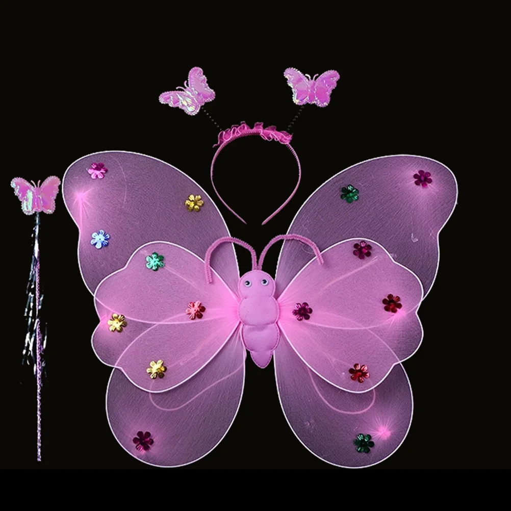 

4Pcs Fairy Wings Costume Set Girls LED Double Layers Wings Wand Headband Tutu Skirt Party Dress Up Wing Set Girls Fairy Wing