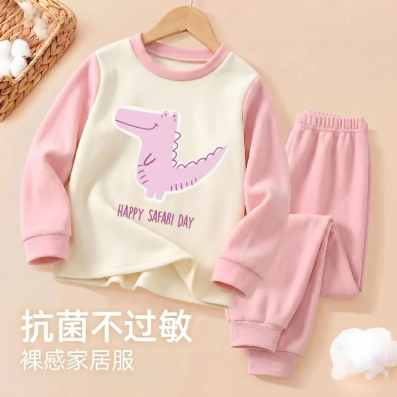 Herbst-Winter Mädchen Freizeit-Schlafanzüge Jungen Samt-Fleece Warme Hauskleidung Sets Kinder Langarm-Unterwäsche Anzug Pyjamas Neu – Detail 3