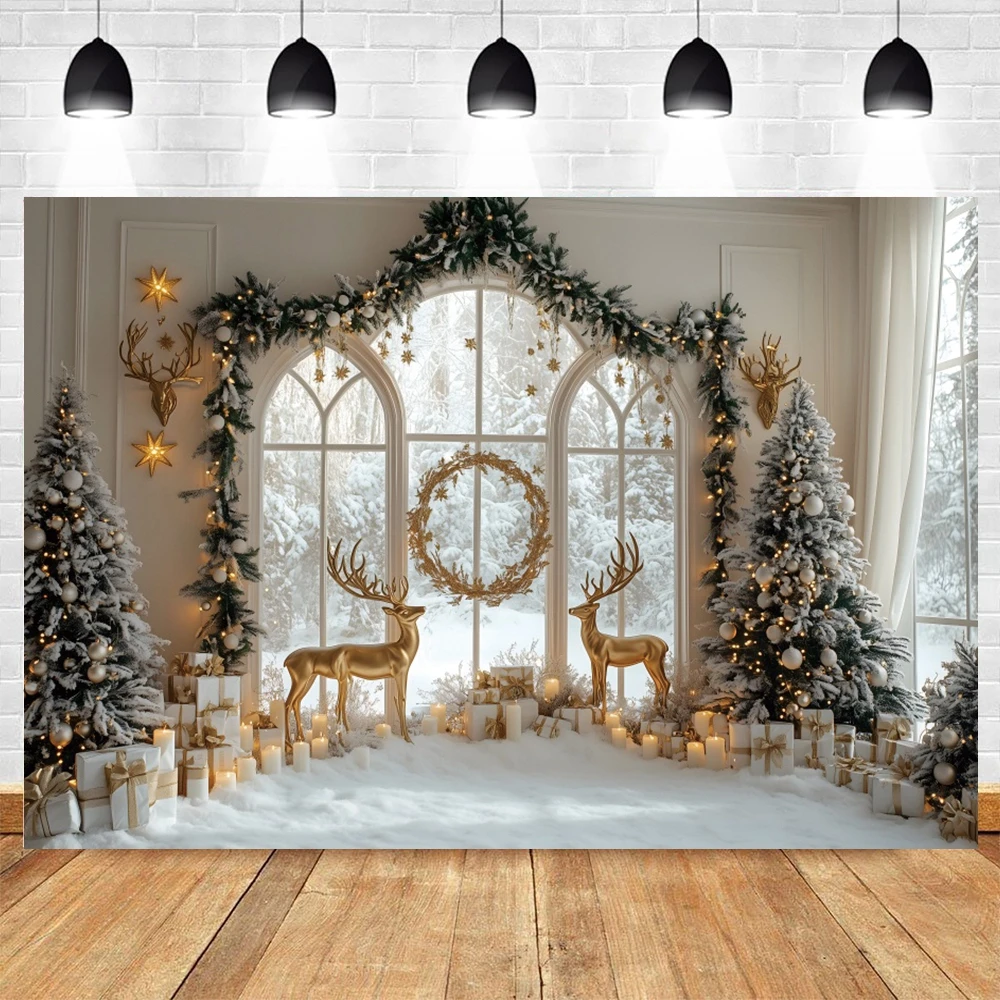Interior Christmas Decorations Backdrop Arched Window Teddy Bear Shelves Christmas Tree Gifts Family Portrait Photo Background