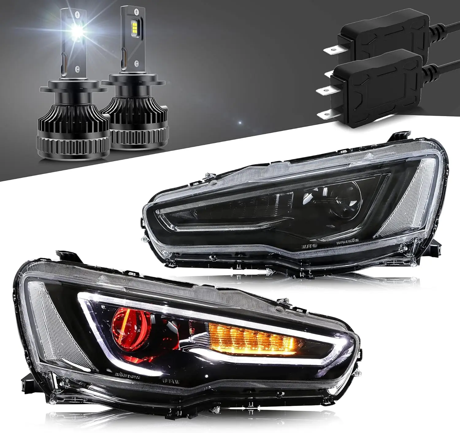 VLAND LED Headlights + D2H Led Bulbs Compatible with EVO X Lancer Projector Assembly Smoke Lens Sequential Demon Eyes 1pc