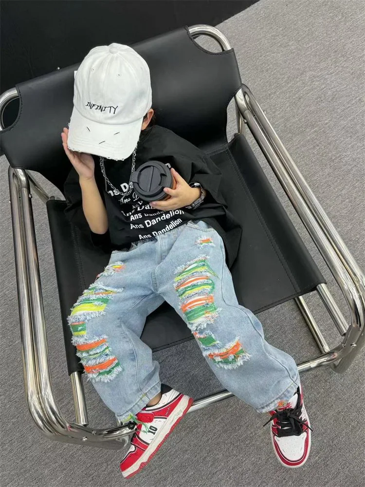 Hip Hop Spring Summer Loose Boy's Jeans Vintage Boys Ripped Denim Pants Children Hole Rip Pants 2-6 Years