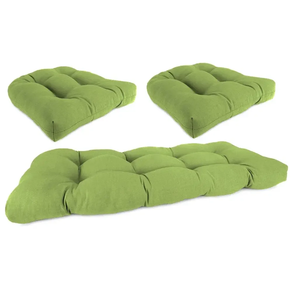 Outdoor Wicker Chair Cushions Set 3-Piece Leaf Green Tufted Design UV Resistant Stain & Water Resistant French Edges Easy to