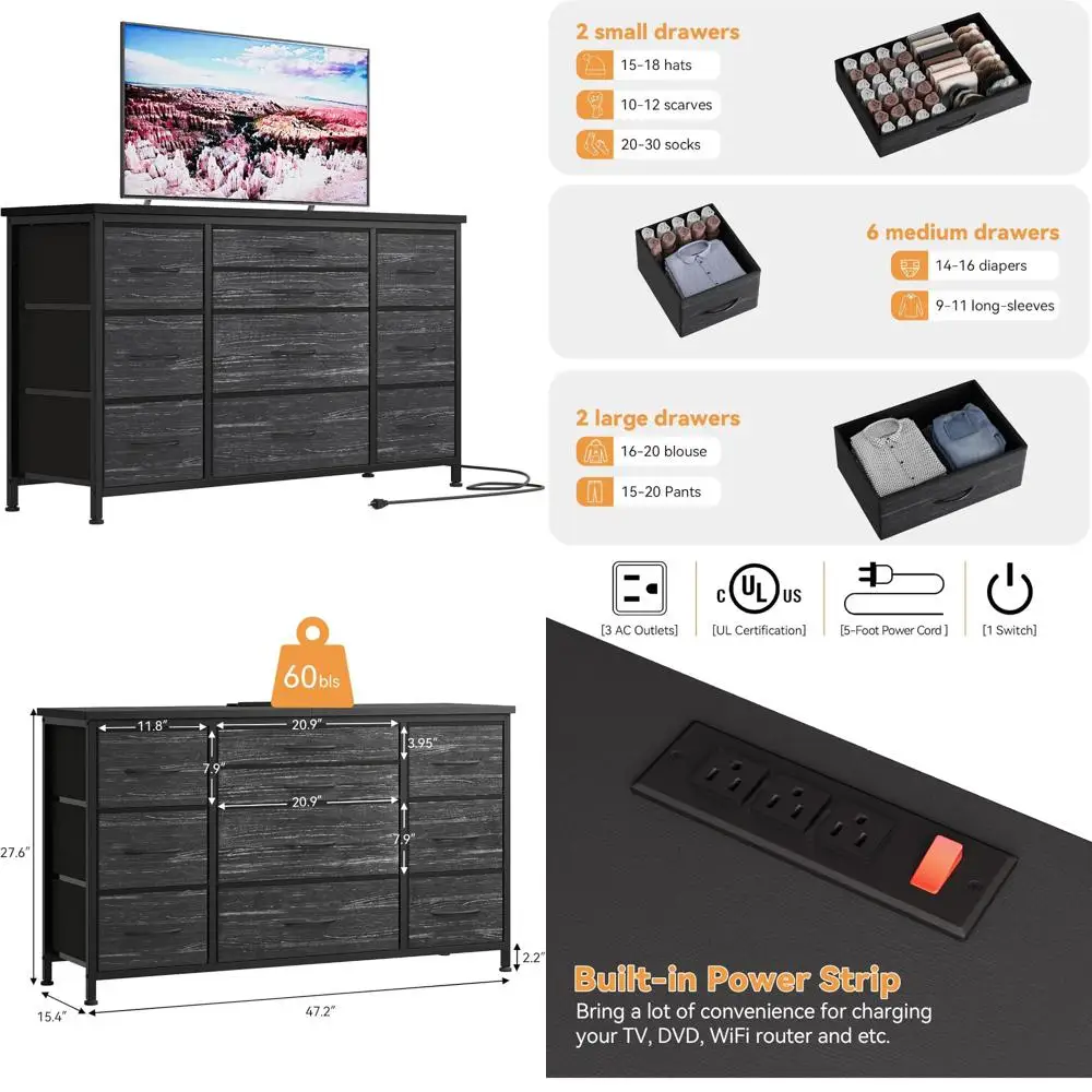 حامل تلفزيون كبير بـ 10 أدراج لأجهزة تلفزيون مقاس 55 بوصة، ومركز ترفيه مع مخرج طاقة وتخزين قماش