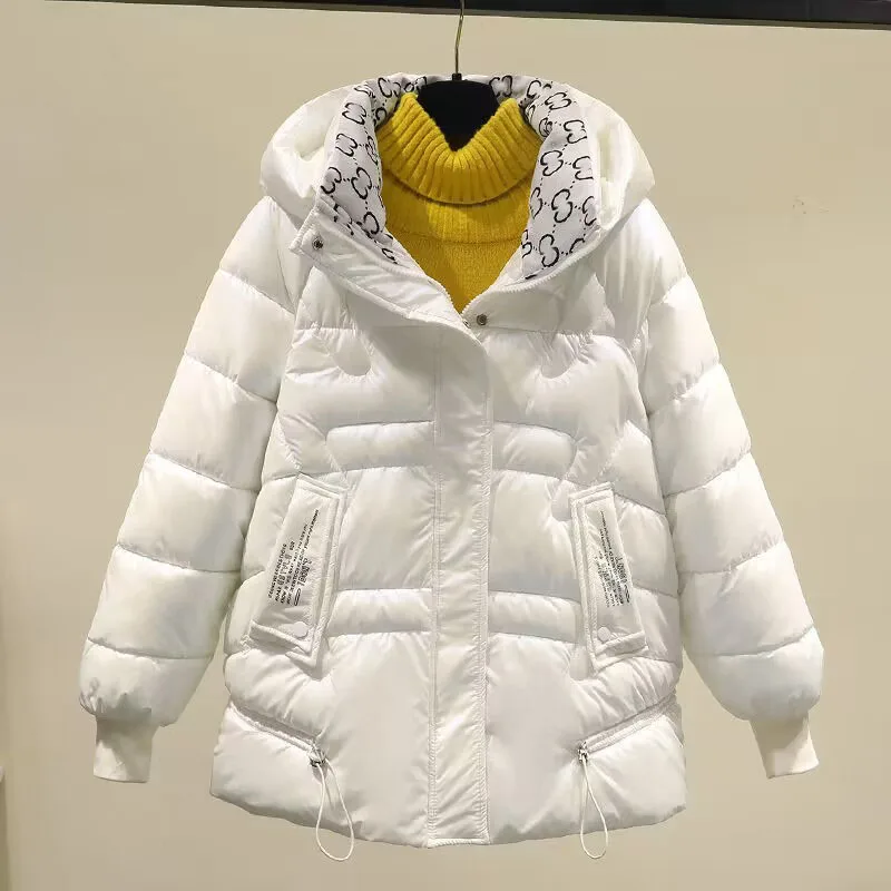 Giacca da donna bianca pura moda europea cappotti invernali con cappuccio parka caldi femminili capispalla impermeabili lisci abbigliamento autunnale