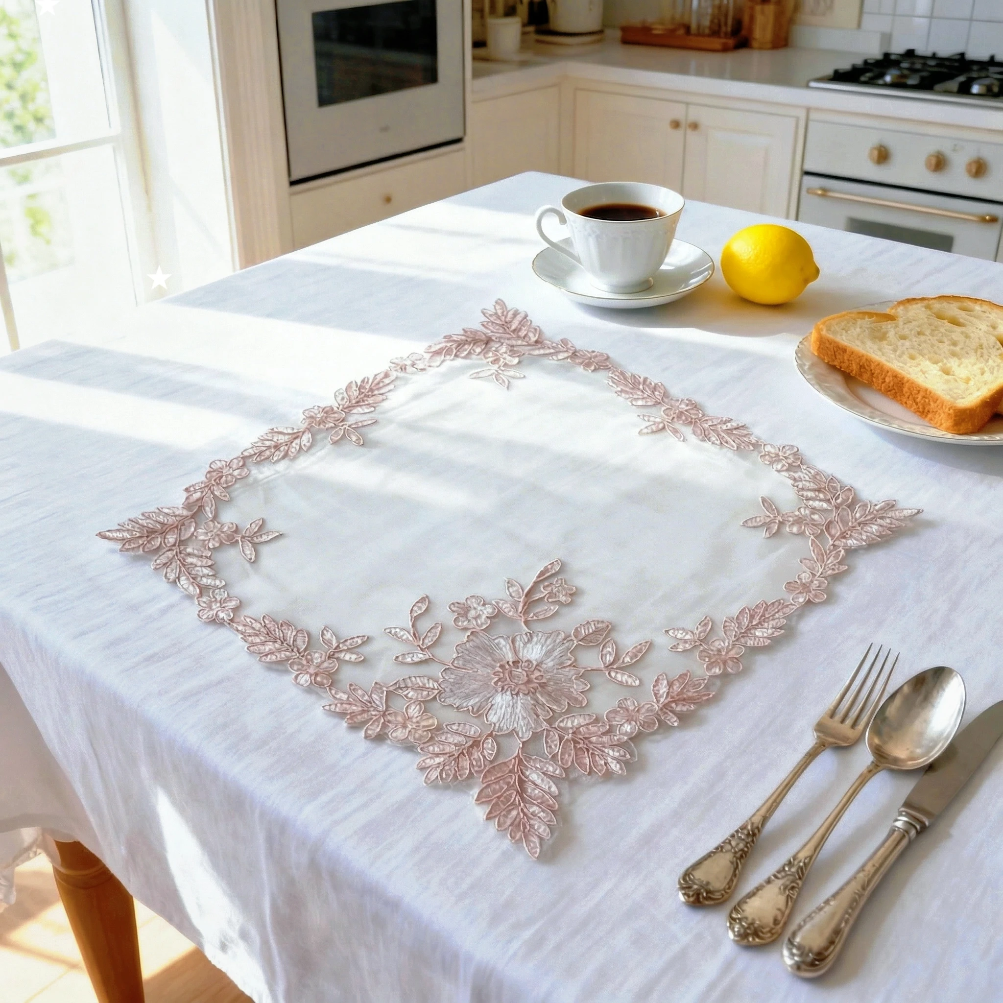 4Pcs Placemat Set Washable Pink Embroidered Plates Mats Decorative Coaster Lace Tablecloth Bachelor Party Rustic Wedding Decor
