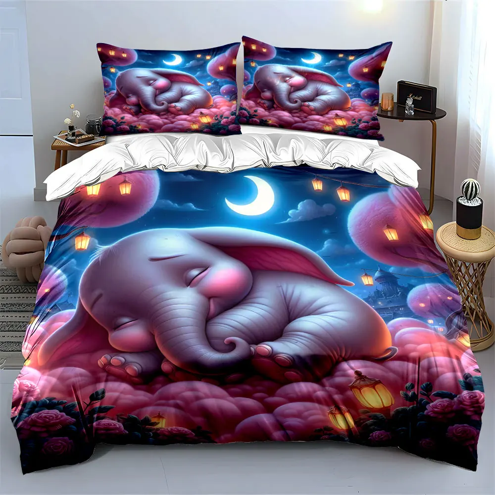 Dreamy elephant sleeps on pink clouds Print Bedding Set 1Duvet Cover 2 Pillowcases for Adult and Children Luxury Gift Full Size