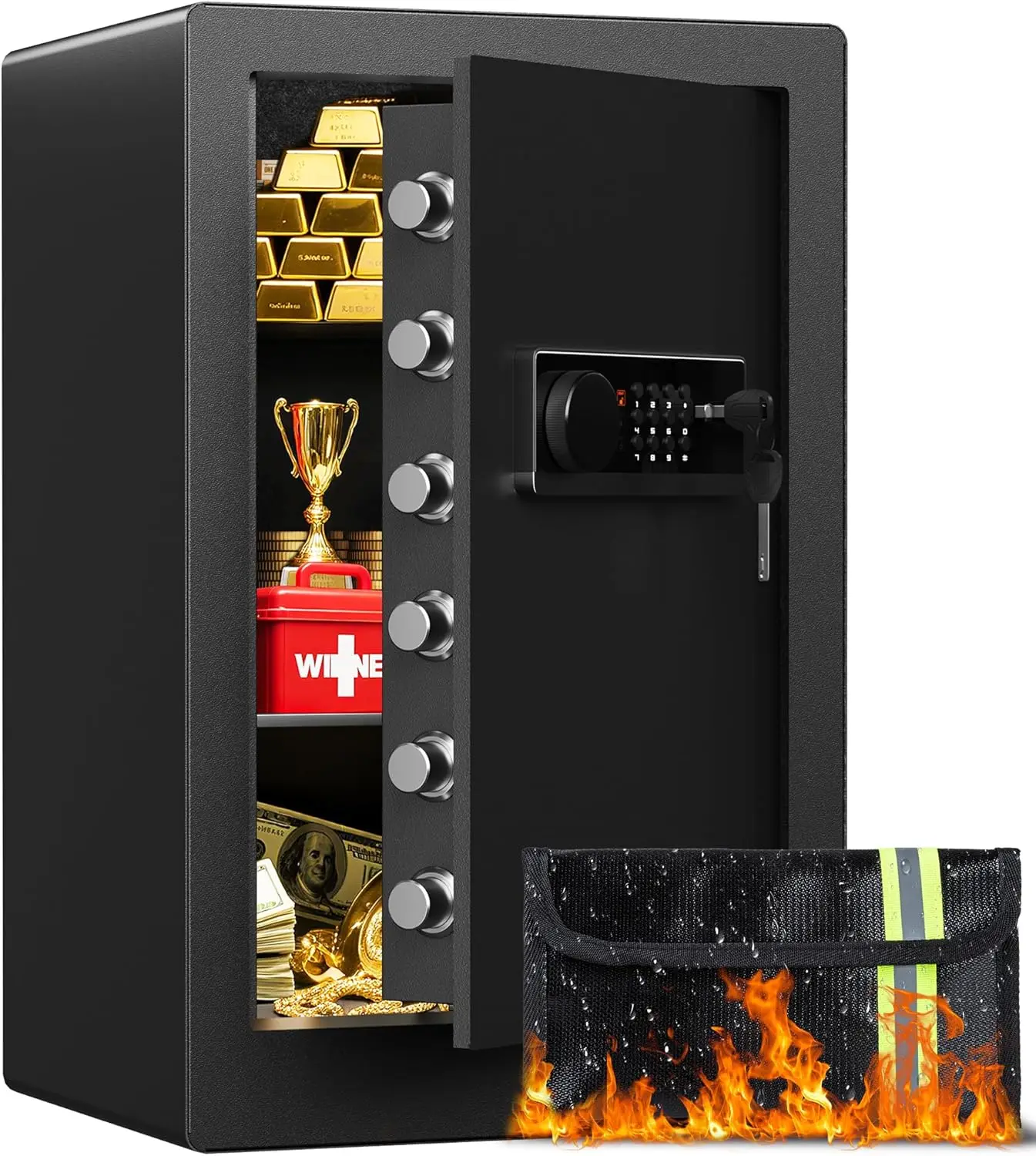 

Большой стальной сейф с LED-подсветкой, огнестойким чехлом, цифровым замком и сигнализацией для дома, офиса, отеля