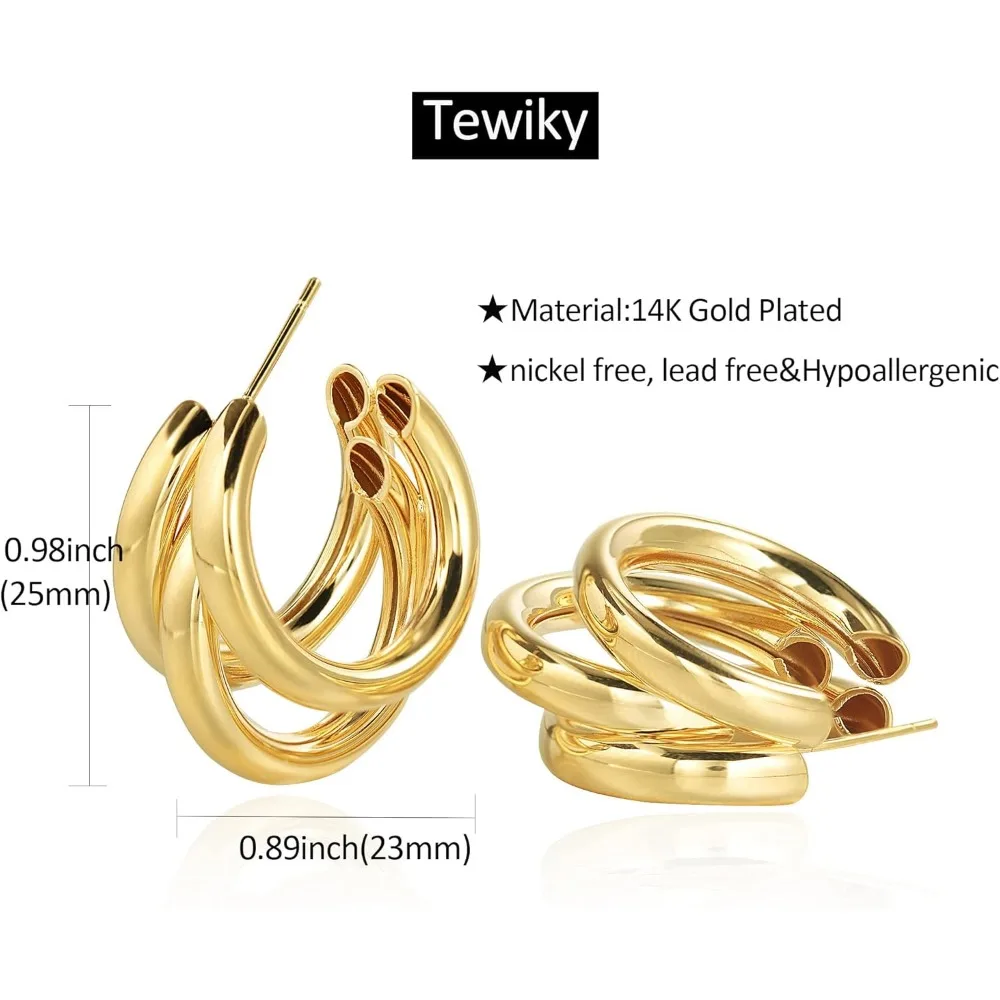 Damen klobige goldene Creolen, 14 Karat vergoldete dicke dreifache Creolen, feines Schmuck geschenk