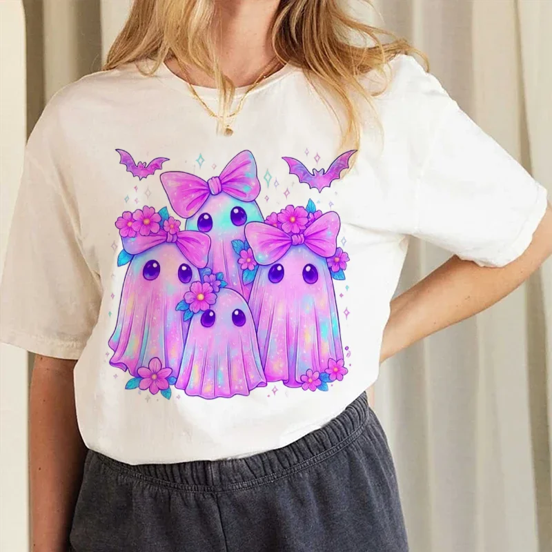 Just A Spooky Goose Cartoon Basic Trendy T-Shirt Printed Halloween Cute Top Casual Round Neck Fun Women's New White T-Shirt