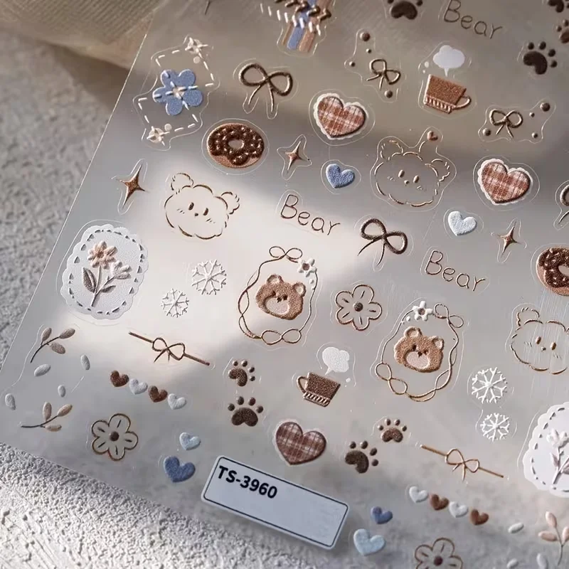 Vintage und niedliche Bären-Nagelsticker, geprägte Nagelkunst-Designs, Nageldekoration, selbstklebend – Detail 5