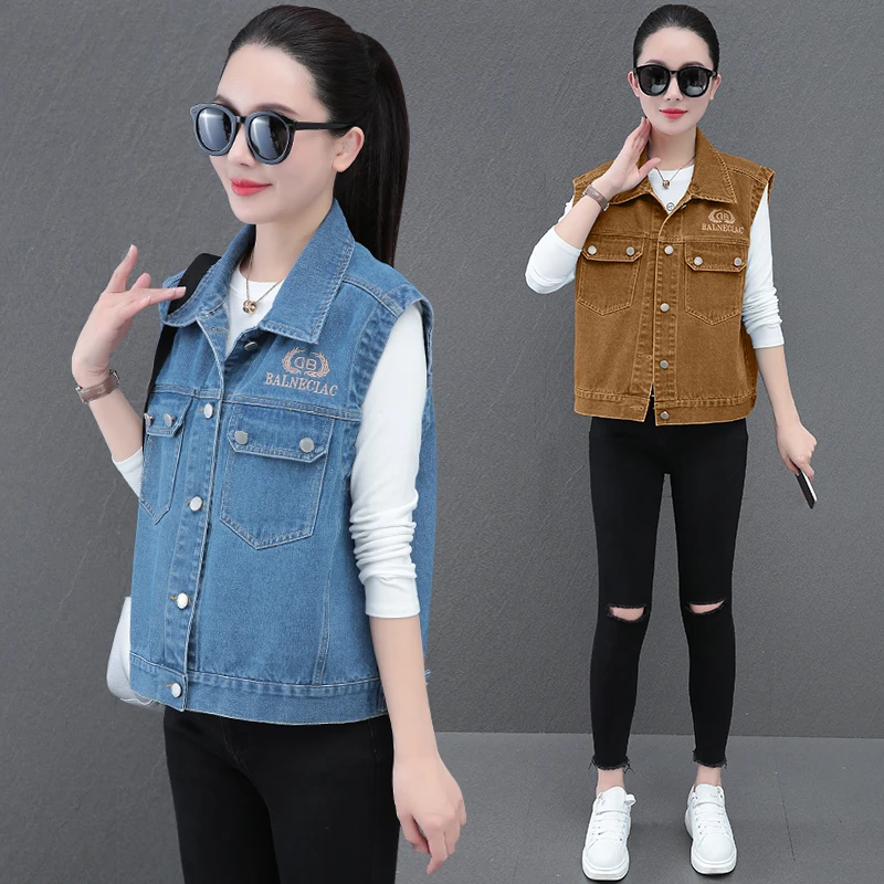 Faionable Casual Loose Denim Svel  Collar Vest with kets Embroidery Outerwear Women's Commute Sle Cotton Jaet