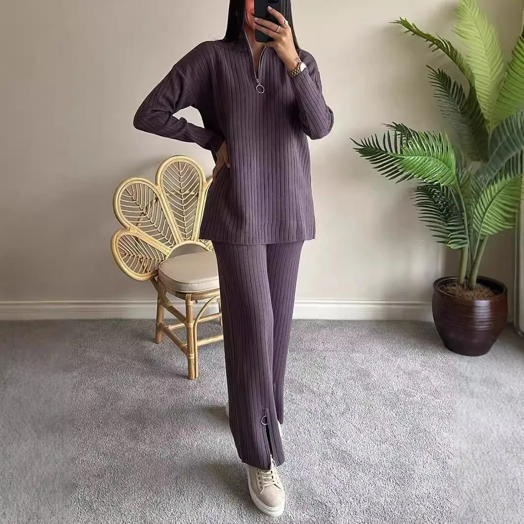 Fall Winter New Knitted Hone Sets Women Fashion Long Sleeve Striped Pullover Zipper Tops Outfits Casual Loose Wide Leg Pant Suit