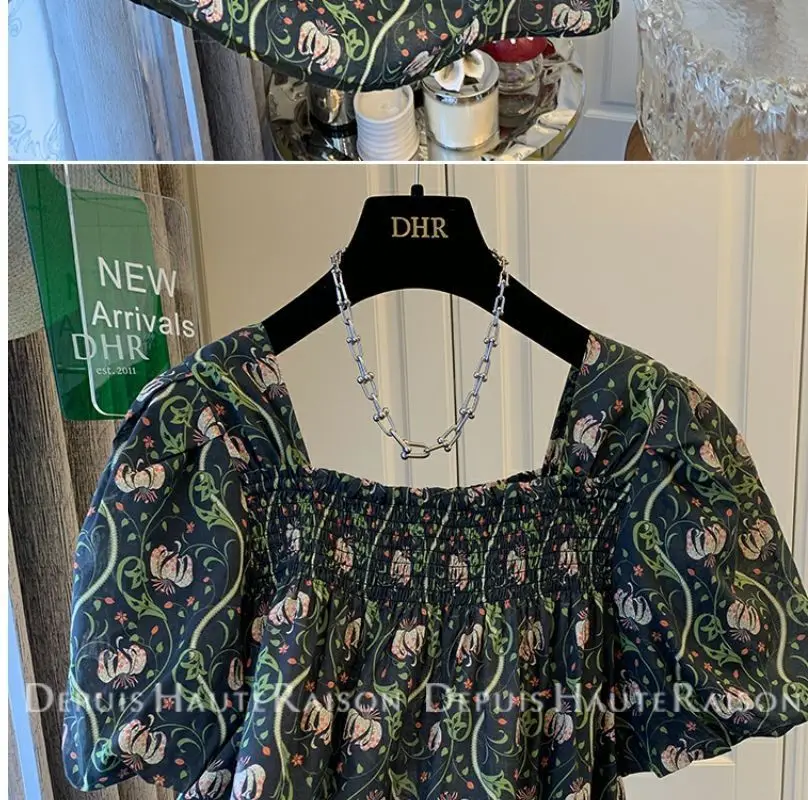 Camisa de bebé de manga abullonada francesa para mujer, camisa de bebé Floral de un hombro, Manga corta suelta de nicho, Top que combina con todo, moda Vintage de verano, talla grande