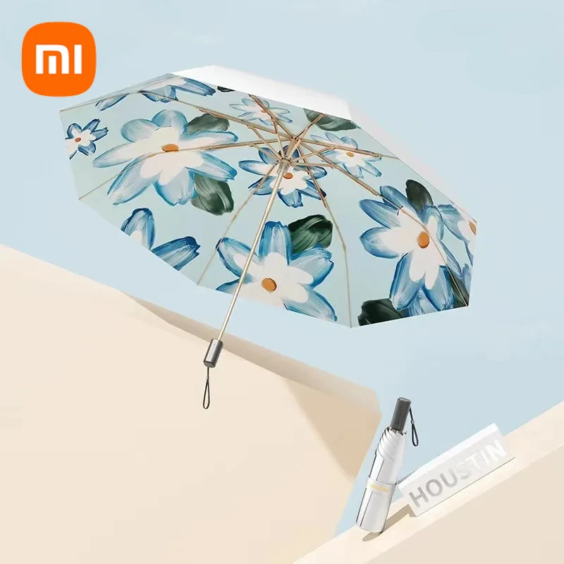 Xiaomi ZuoDu 3 Fold Umbrella Multifunctional Windproof UV Protection Sun Rain Dual Use Painting Floral Titanium Silver Sunscreen