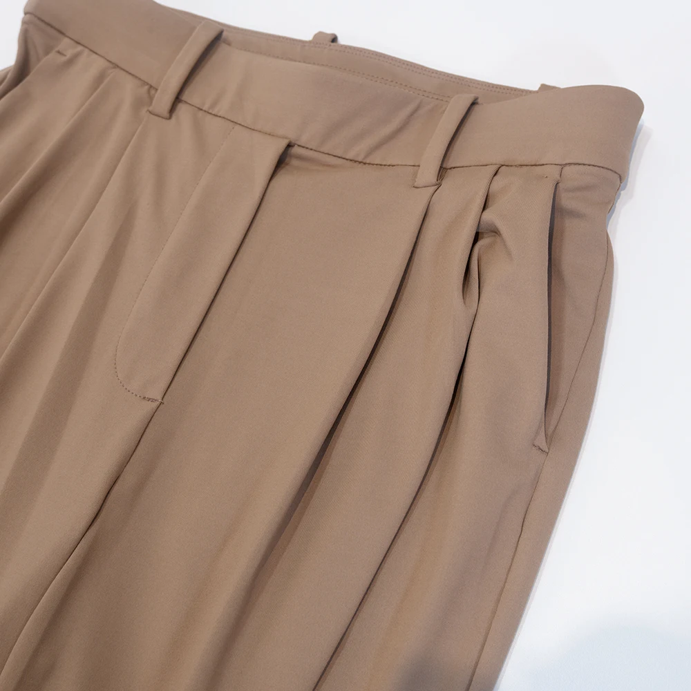 Pocketed suit pants with pleats, cool feeling, versatile wide-legged, long pants, casual, straight-cut, elastic waist