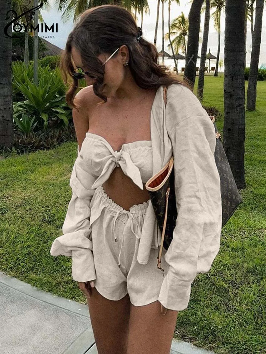 

Oymimi Elegant Khaki Cotton 3 Piece Sets Women Outfit Fashion Loose Long Sleeve Shirts And Strapless Bra + Drawstring Shorts Set