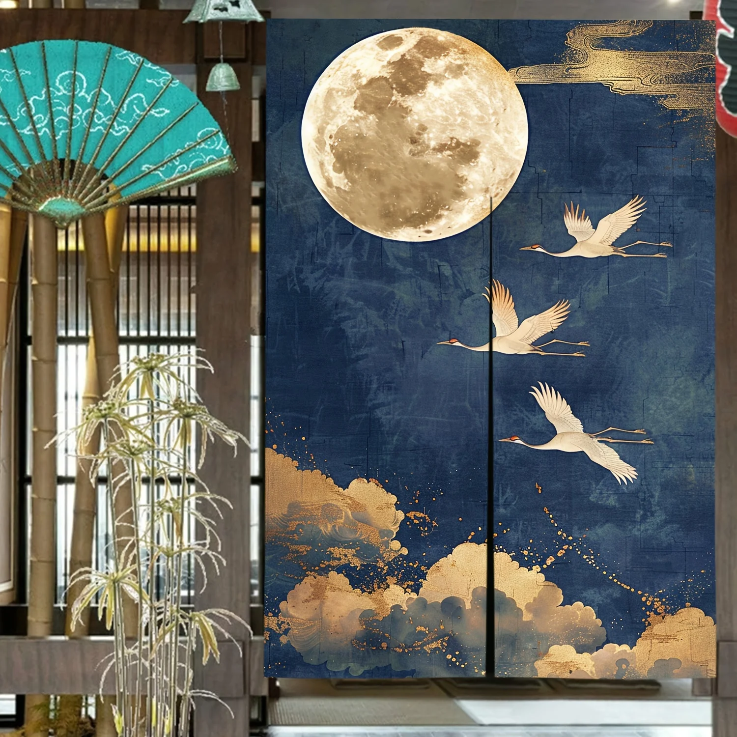 Japanese Style Crane & Moon Noren Curtain - Imitation Linen, Privacy Screen for Bedroom/Living Room/Bathroom,Elegant Home Decor