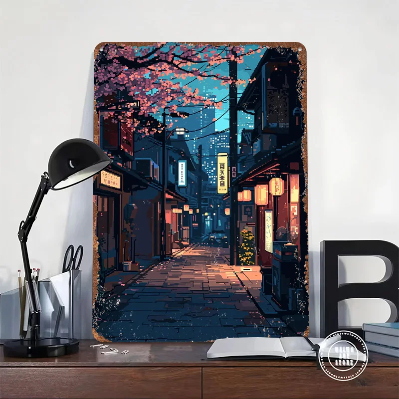 Tokyo Japan Pixel Art Tin Plaque Poster Customized Wall Art Retro Vintage Metal Signs for Room Home Decoration Gaming Wand Deko