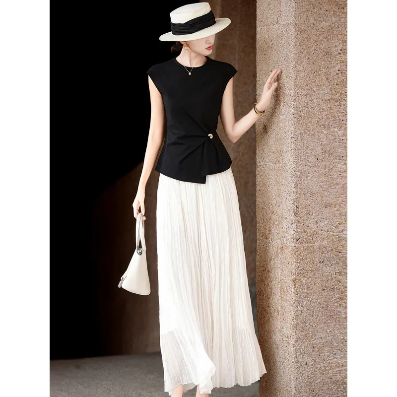 MEXCOCO Spring Summer New Elegant Commuter Twist Irregular Top A-Line Flared Midi Skirt Two Piece Set Women Outfit